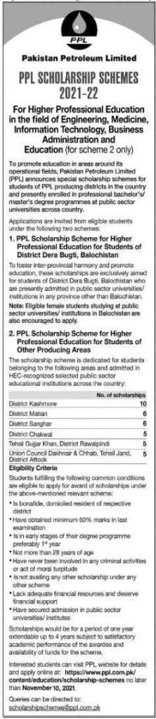 Pakistan Petroleum Limited (PPL) Scholarship 2021 for Higher Education Pakistan Petroleum Limited (PPL) Scholarship 2021 for Higher Education