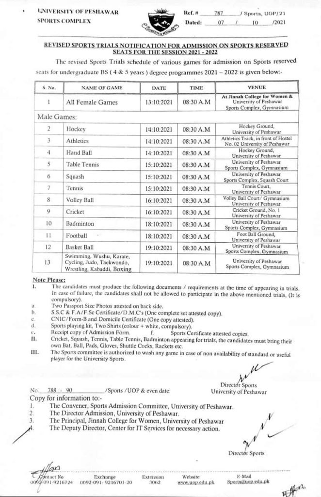 UOP Sports Trials Schedule Against UG Sports Quota 2021 Admissions