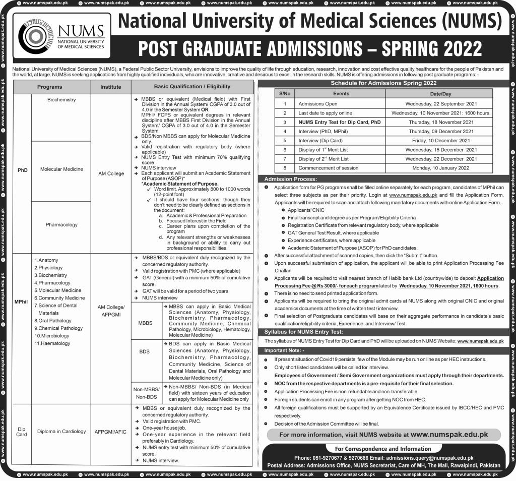 NUMS Postgraduate Admissions Open For Spring 2022 | Apply Now