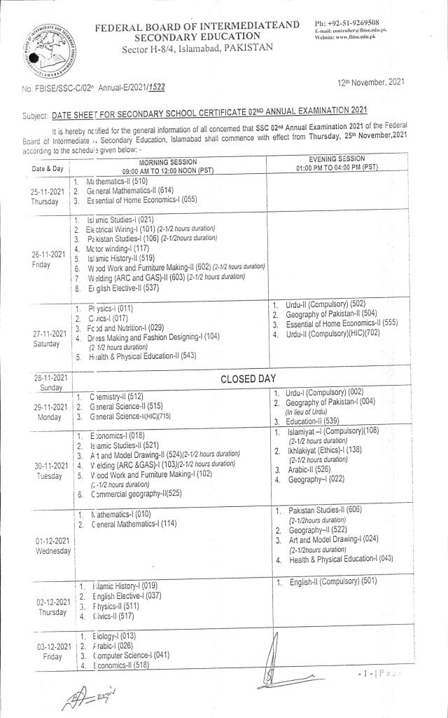 FBISE SSC (Part 1 & 2) 2nd Annual Exams Date Sheet 2021