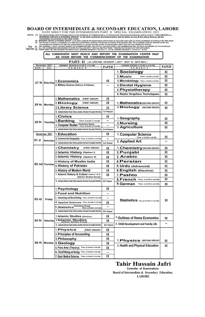 BISE Lahore Board Inter Part-II (12th Class) Special Exams Date Sheet 2021