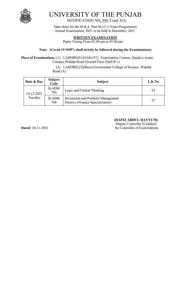 Punjab University M.B.A. Part-III Annual Examination Date sheet 2021 Punjab University M.B.A. Part-III Annual Examination Date sheet 2021