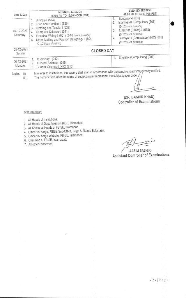 FBISE SSC 2nd Annual Exams Date Sheet 2021
