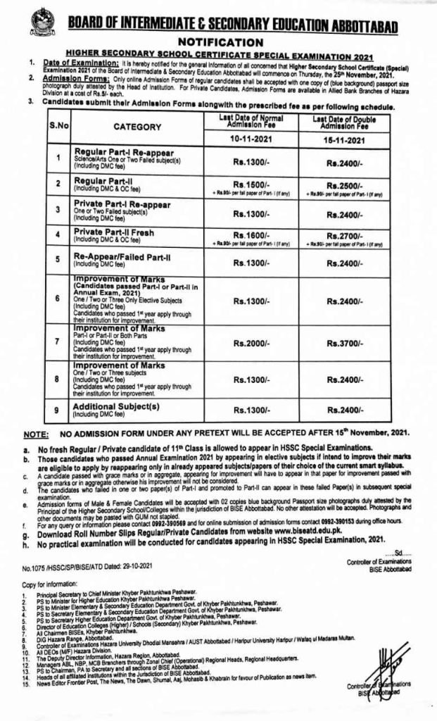 BISE Abbottabad Board HSSC Special Exam Registration Schedule 2021 BISE Abbottabad Board HSSC Special Exam Registration Schedule 2021