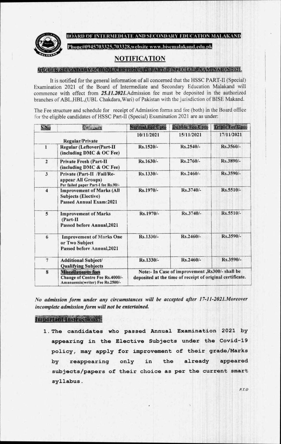BISE Malakand Board HSSC-II Special Exams Registration Schedule 2021 BISE Malakand Board HSSC-II Special Exams Registration Schedule 2021
