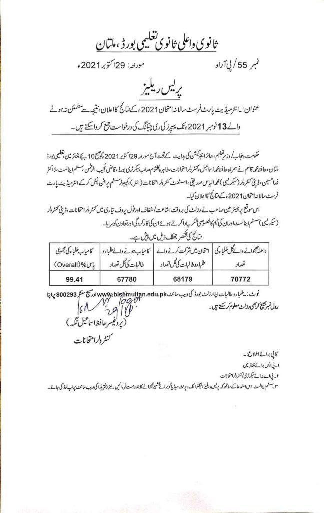 BISE Multan Board Issue Paper Rechecking Date of Inter Part A 2021