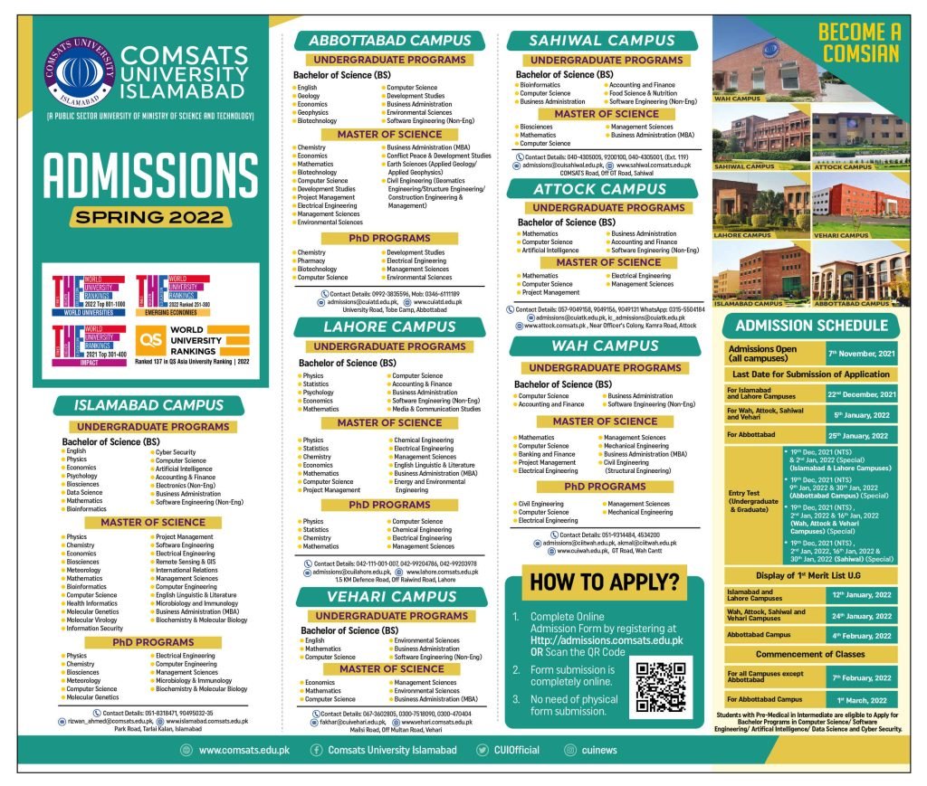 COMSAT University Announces Spring Admission 2022 | Apply Now