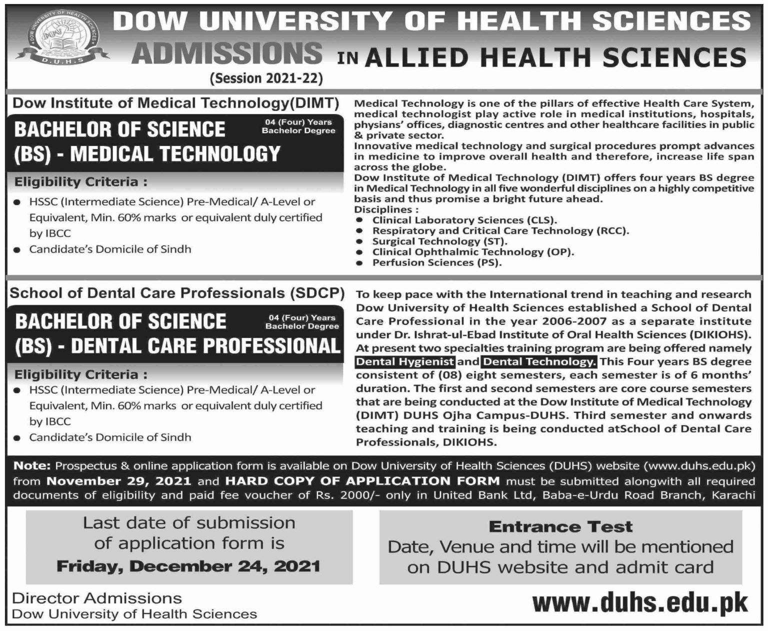 Dow University (DUHS) BS admissions 2021-22 | Apply Now Dow University (DUHS) BS admissions 2021-22 | Apply Now