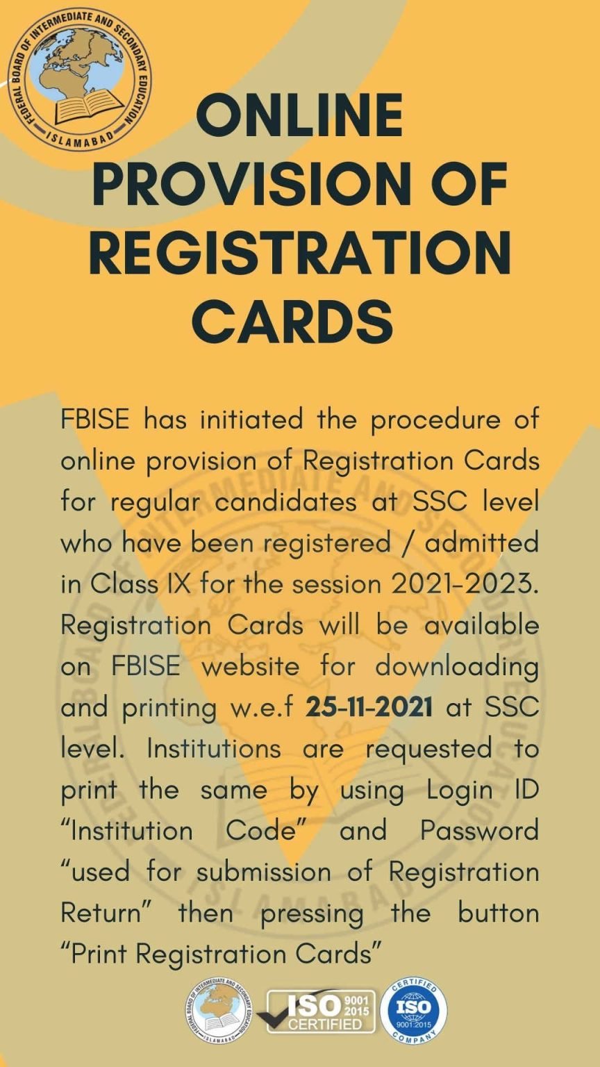 FBISE Decided the Online Provision of SSC Registration Cards