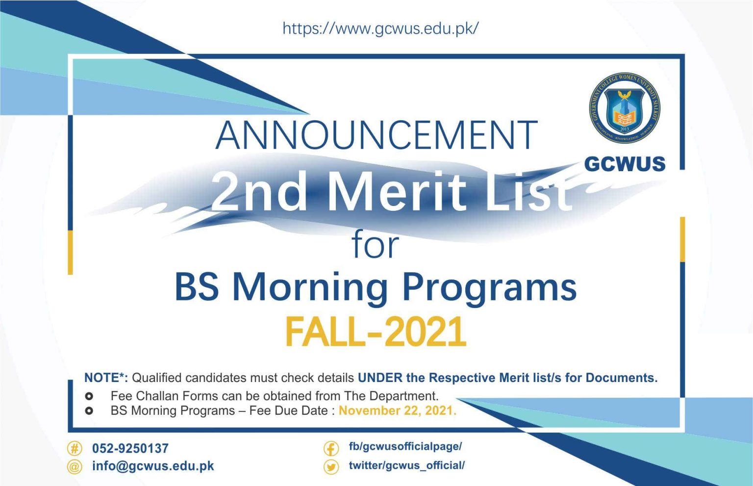 GCWUS Undergraduate (BS) 2nd Merit List for Admissions 2021 GCWUS Undergraduate (BS) 2nd Merit List for Admissions 2021