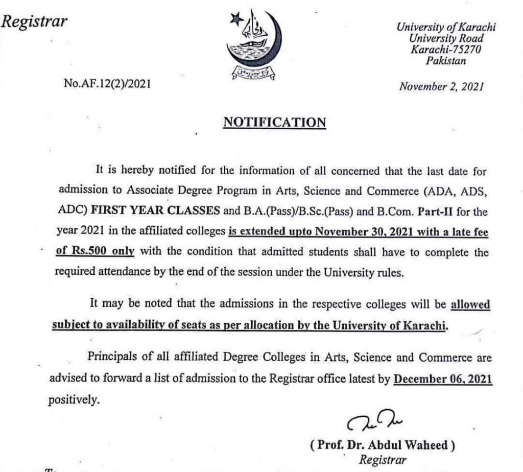 Karachi University KU Extended ADP and Bachelors Admissions Date