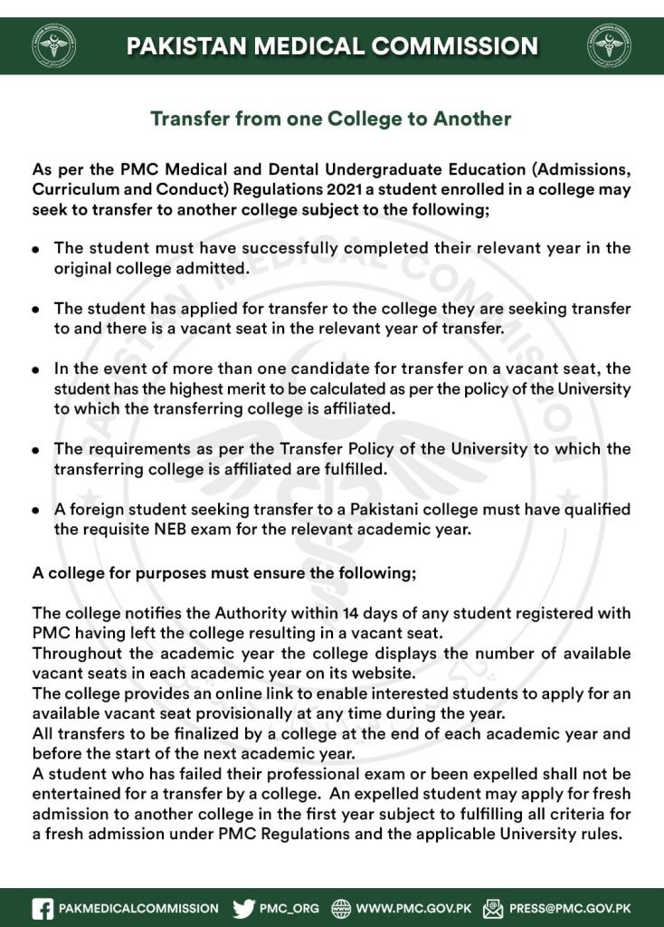 PMC Announced Transfer Policy 2021 for Medical and Dental Colleges