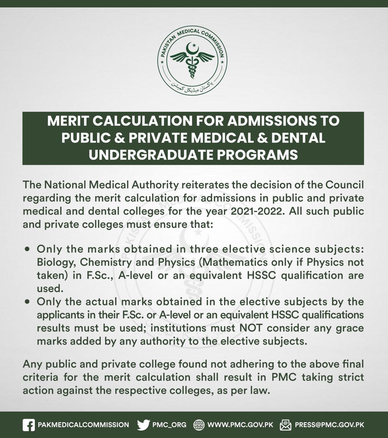 PMC Issued Merit Calculation for Undergraduate Admissions 2021-22 PMC Issued Merit Calculation for Undergraduate Admissions 2021-22