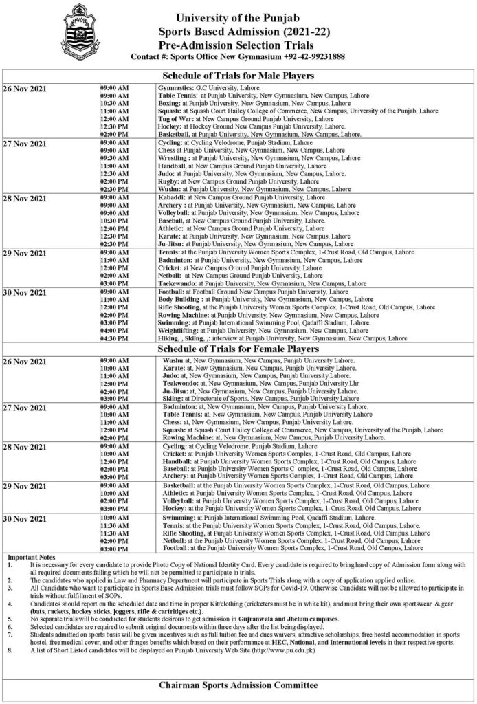 PU Trial Schedule for the Sports Based Admissions 2021