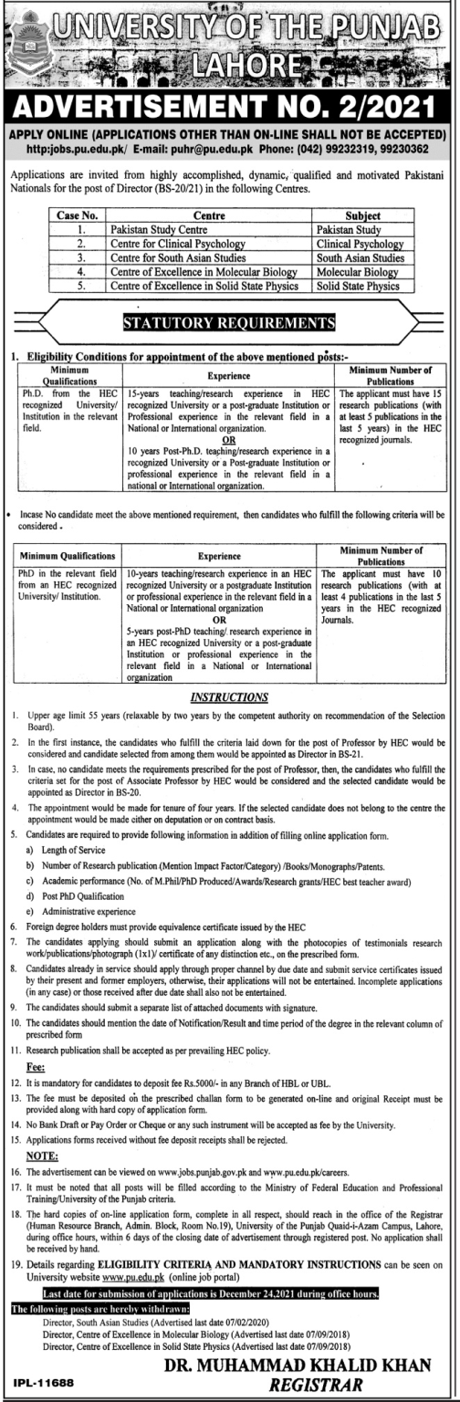 Punjab University (PU) Latest Jobs 2021 for Director (BS-20/21) Post