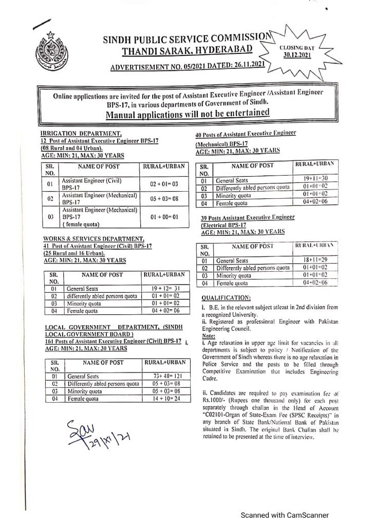Sindh Public Service Commission December Jobs 2021 | SPSC Advertisement No. 05/2021