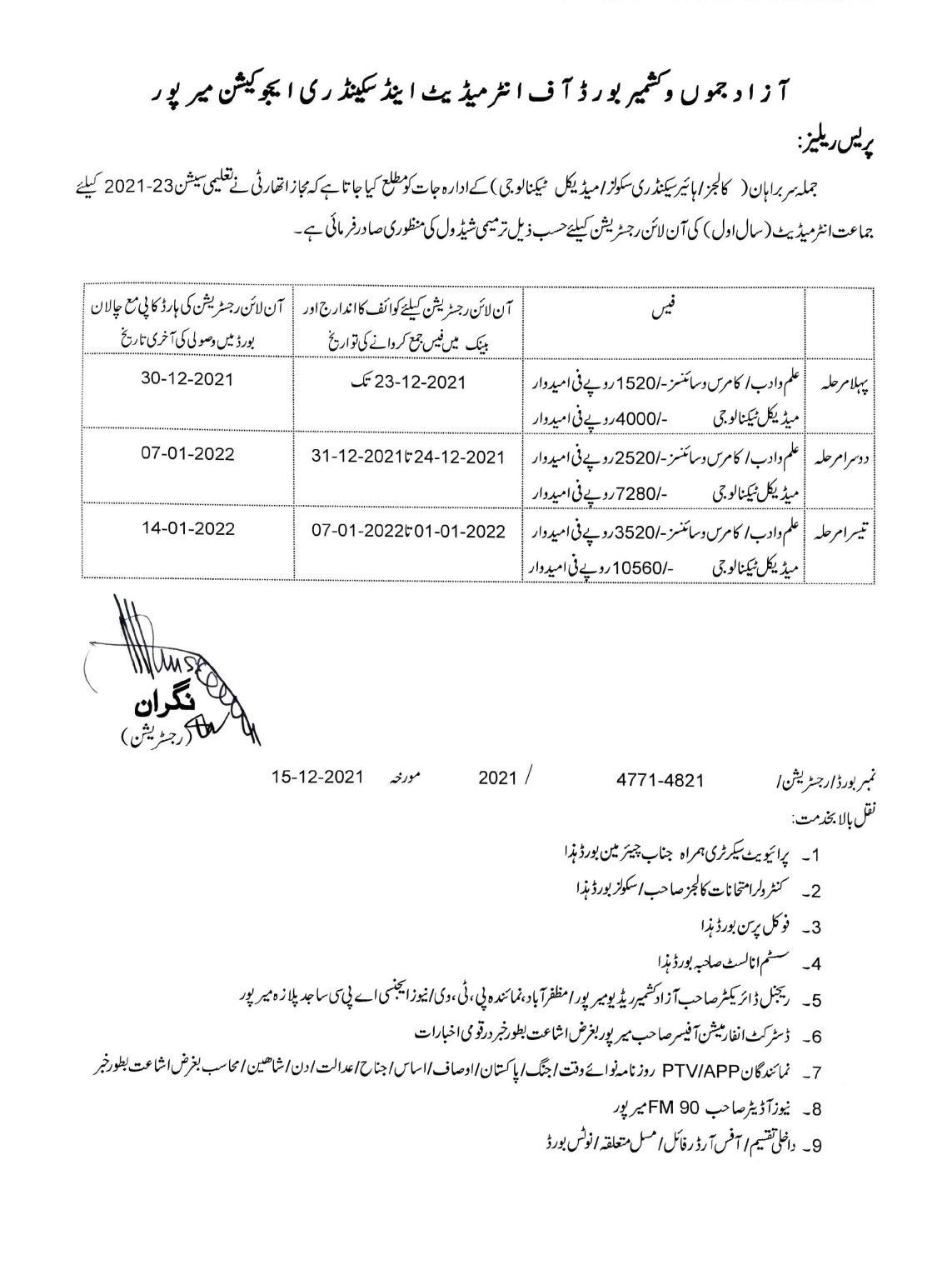 AJK Board HSSC (Inter Part-I) Online Registration Schedule 2021-23
