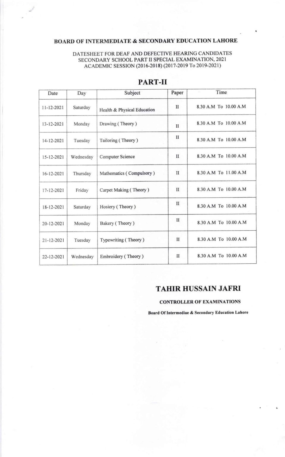 BISE Lahore SSC Special Exam Datesheet for Deaf and Defective Hearing Candidates