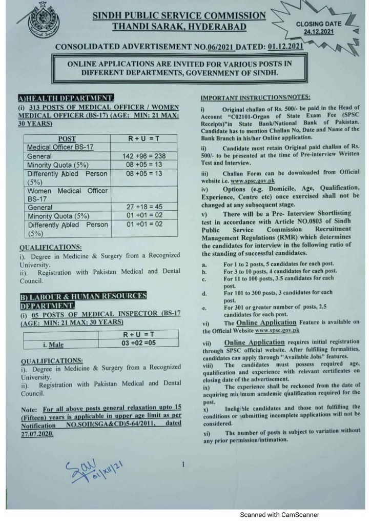 Sindh Public Service Commission Jobs 2021 | SPSC Advertisement No. 06/2021