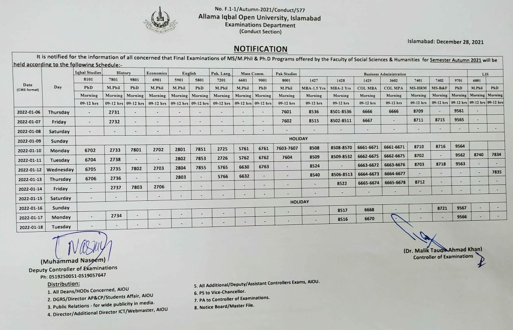 AIOU MS/M.Phil/Ph.D. Autumn 2021 Date Sheet |Social Sciences & Humanities
