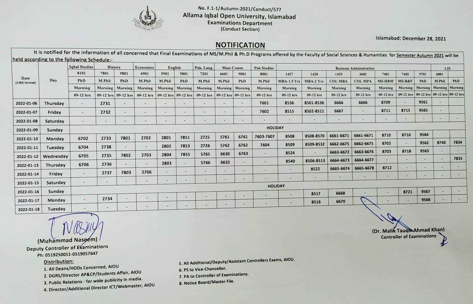 AIOU MS/M.Phil/Ph.D. Autumn 2021 Date Sheet |Social Sciences & Humanities