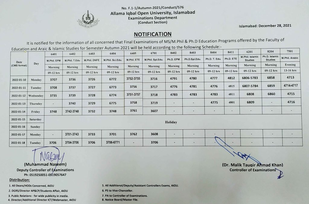 AIOU Postgraduate Autumn 2021 Date Sheet For Education, Islamic & Arabic Studies