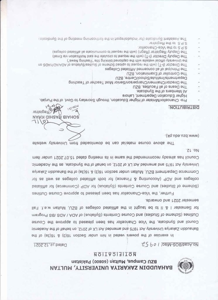 BZU Multan Issue ADA/ADS/BS Syllabus of Affiliated Colleges BZU Multan Issue ADA/ADS/BS Syllabus of Affiliated Colleges