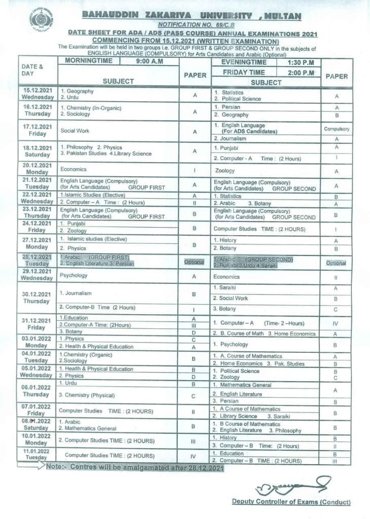 BZU Multan ADA/ADS (Pass Course) Annual Examination Date Sheet 2021 BZU Multan ADA/ADS (Pass Course) Annual Examination Date Sheet 2021