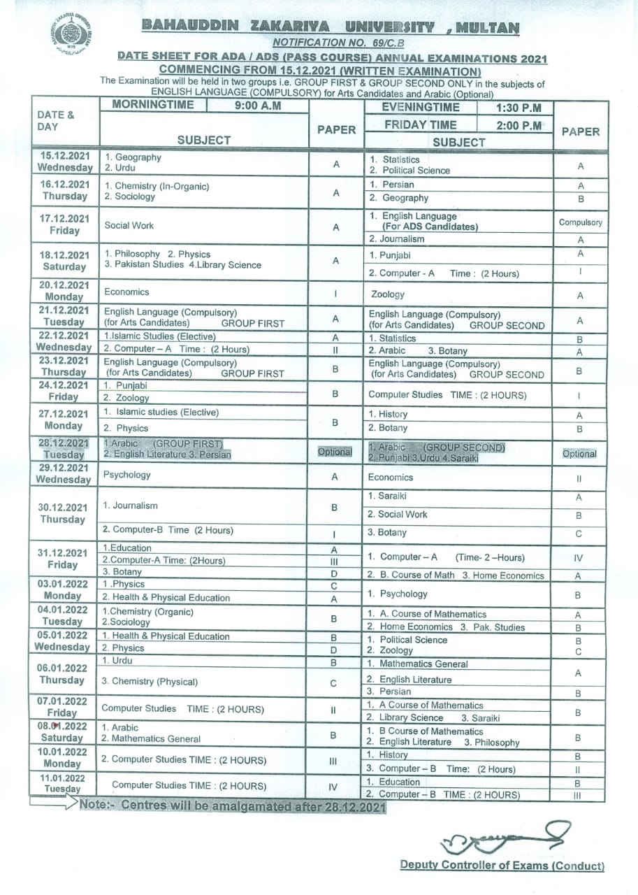 BZU Multan ADA/ADS (Pass Course) Annual Examination Date Sheet 2021
