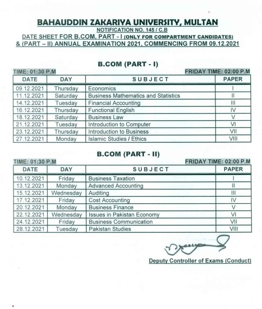 BZU Multan B.COM (Part I and II) Annual Examination Date Sheet 2021 BZU Multan B.COM (Part I and II) Annual Examination Date Sheet 2021
