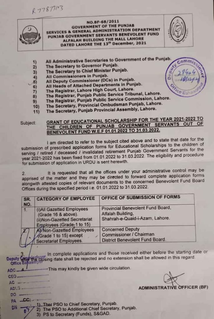 Educational Scholarship Grant 2021-22 for Govt Employees Children