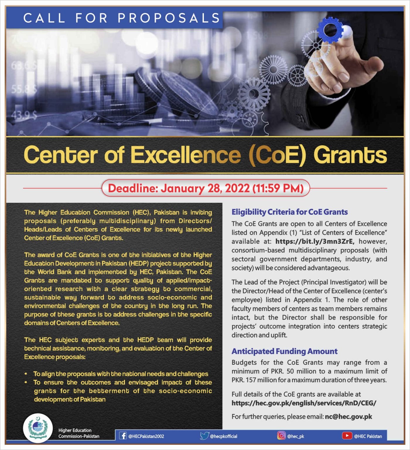 HEC Center of Excellence (CoE) Grant 2021 for Research Proposals