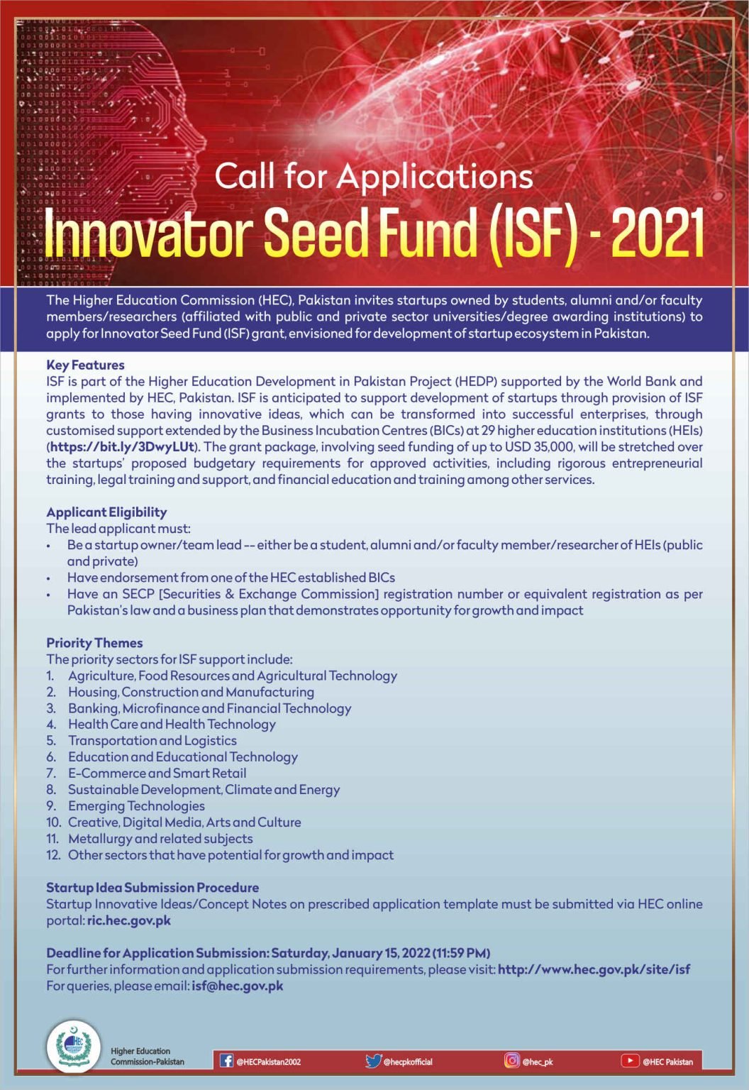 HEC Innovator Seed Fund (ISF) 2021 for Development of Startup Ecosystem HEC Innovator Seed Fund (ISF) 2021 for Development of Startup Ecosystem