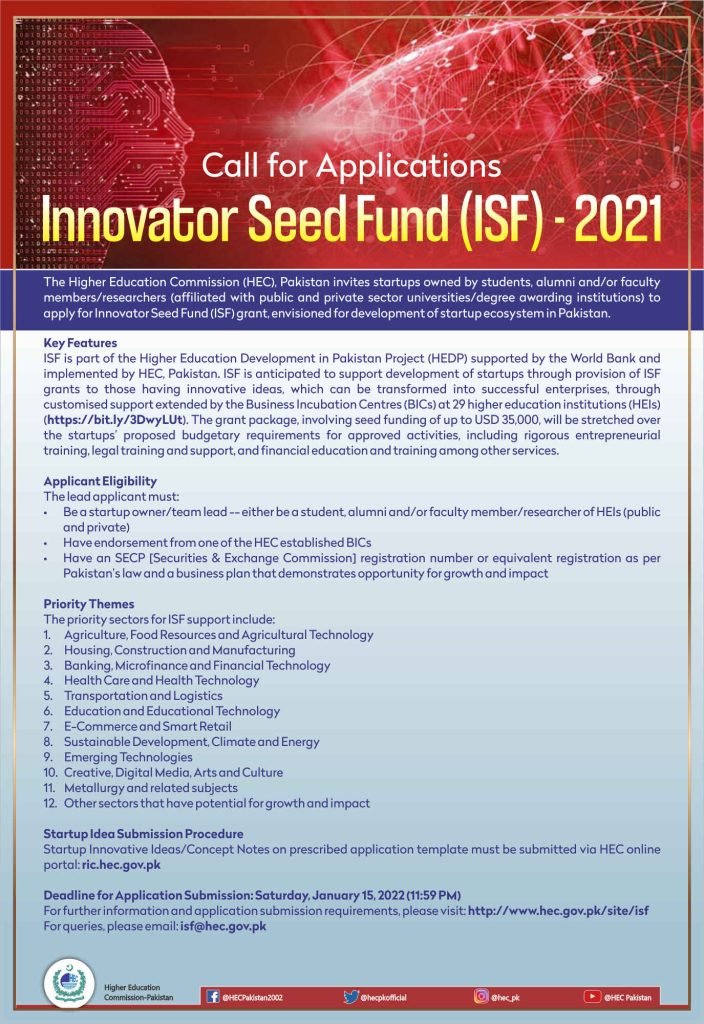 HEC Innovator Seed Fund (ISF) 2021 for Development of Startup Ecosystem