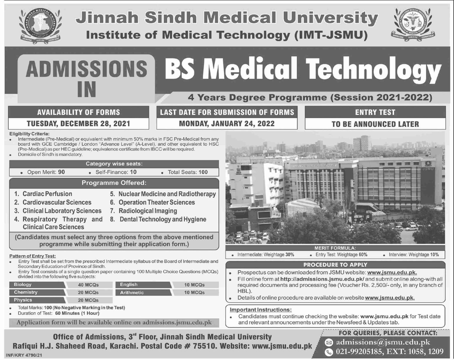 Jinnah Sindh Medical University BS-MT Admissions 2021-22