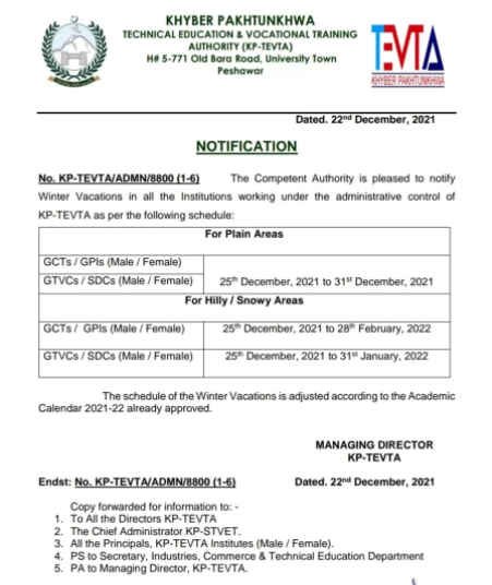 TEVTA KPK Issue Notification Regarding Winter Vacations 2021 TEVTA KPK Issue Notification Regarding Winter Vacations 2021
