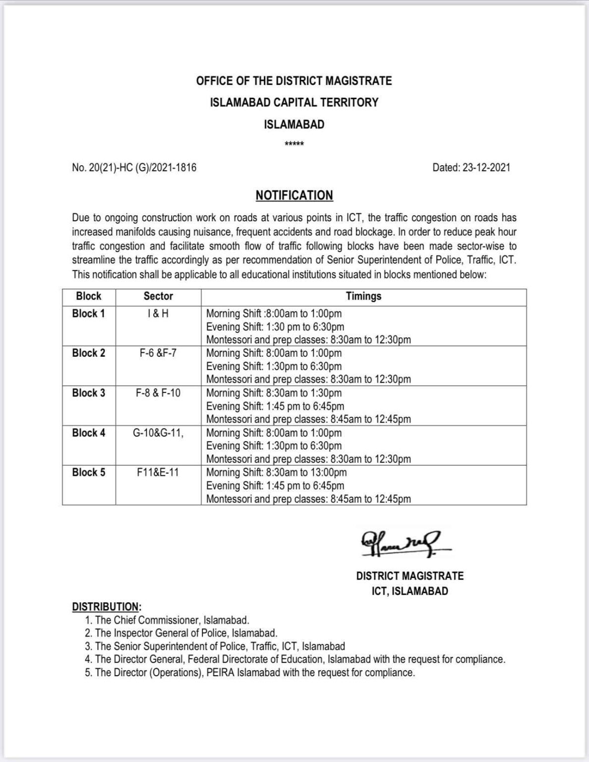 Govt Announced New School Timings in Islamabad to Reduce Traffic Congestion