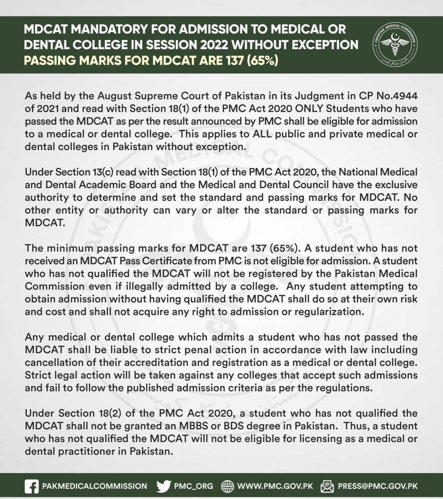 PMC Notification About MDCAT Passing Marks for Admissions 2022