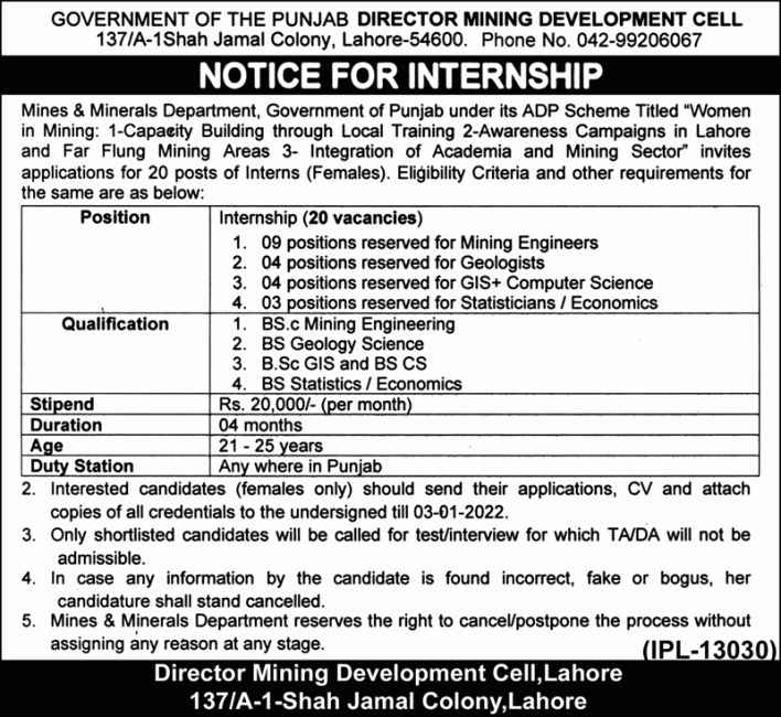 Punjab Directorate Mining Cell Internship 2022 | Mines & Mineral Dept Punjab Directorate Mining Cell Internship 2022 | Mines & Mineral Dept