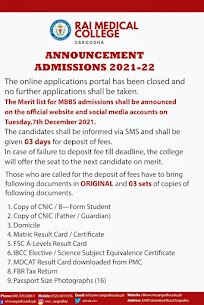 Rai Medical College Sargodha MBBS Merit List 2021 Rai Medical College Sargodha MBBS Merit List 2021