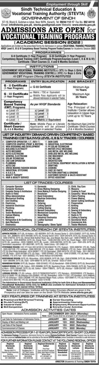 Sindh Vocational Institute (STEVTA) Admissions for Session 2022
