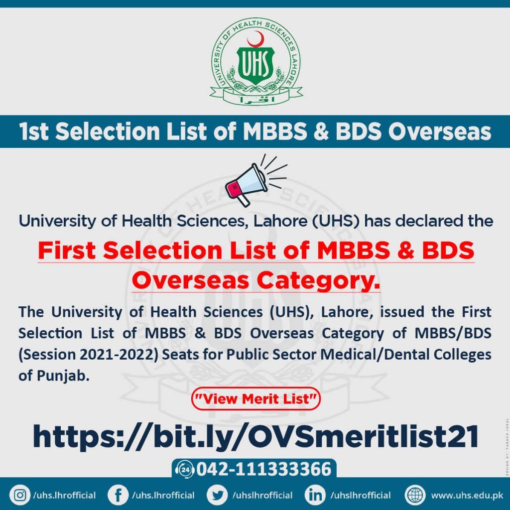 UHS 1st MBBS/BDS selection List 2021 for Overseas Category Candidates