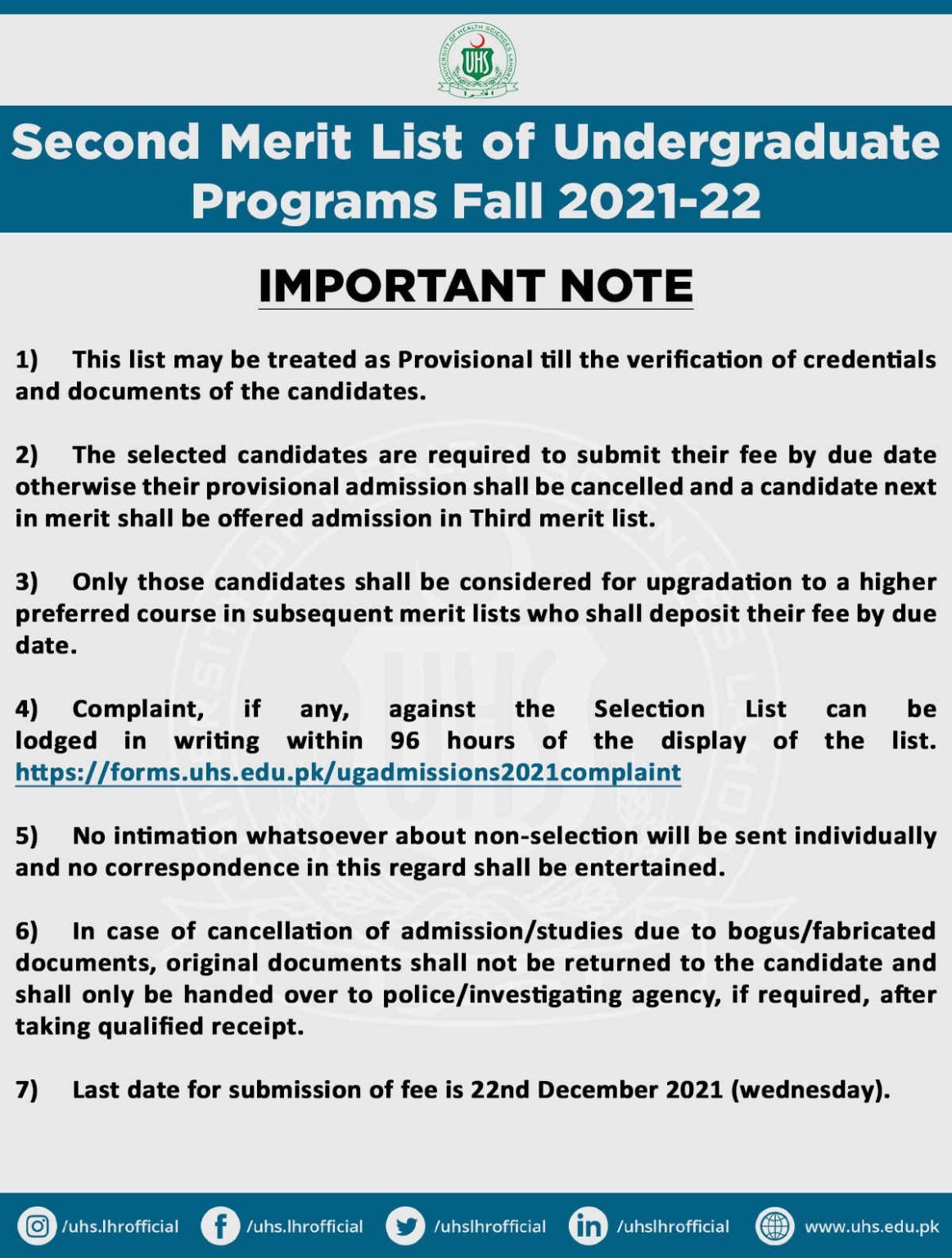 UHS Issued Undergraduate (BS) Programs 2nd Merit List 2021