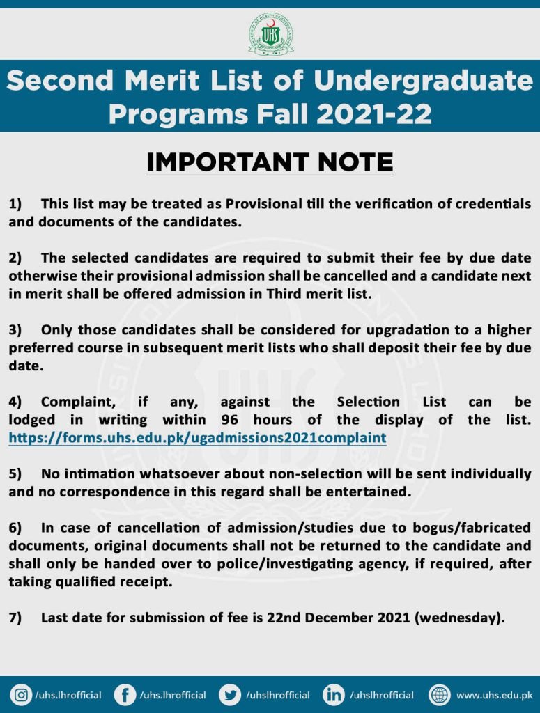 UHS Issued Undergraduate (BS) Programs 2nd Merit List 2021 UHS Issued Undergraduate (BS) Programs 2nd Merit List 2021