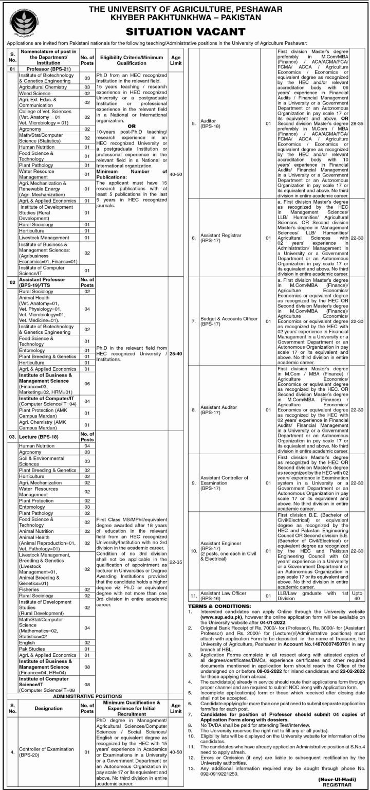 University of Agriculture Peshawar (AUP) Latest Jobs 2022