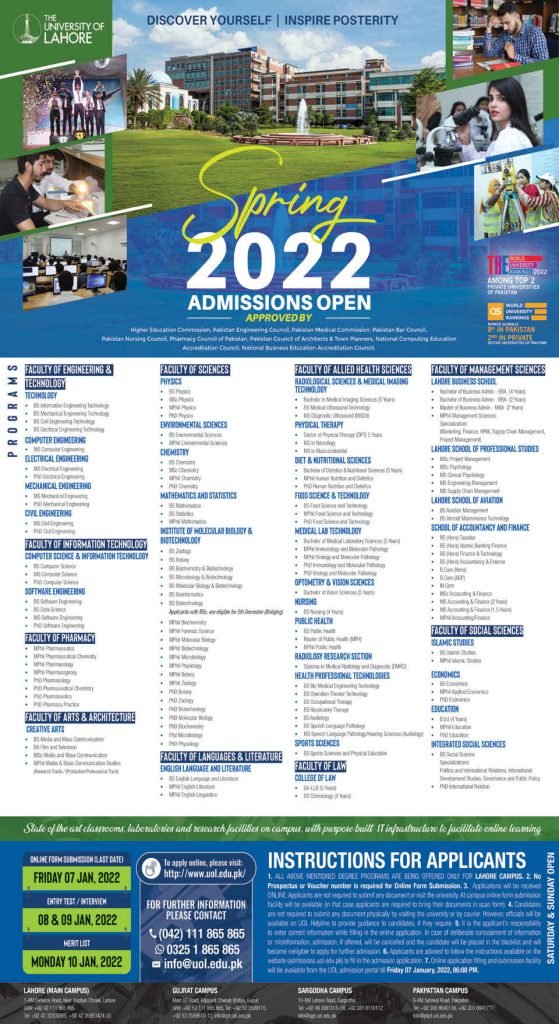 University of Lahore Admissions Open For Spring 2022 | Apply Now University of Lahore Admissions Open For Spring 2022 | Apply Now