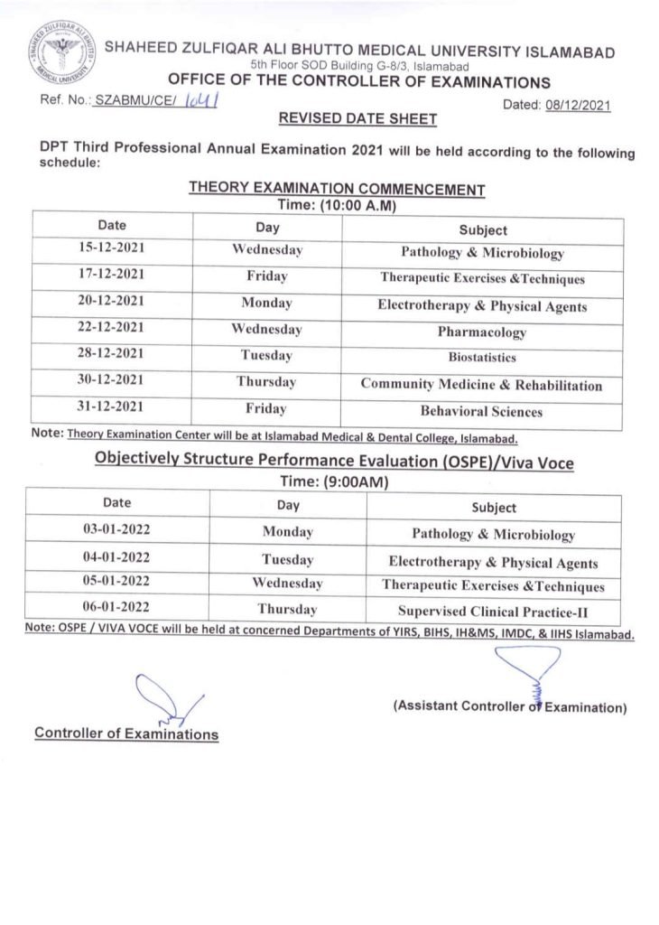 SZABMU DPT Professional Annual Examination Date sheet 2021