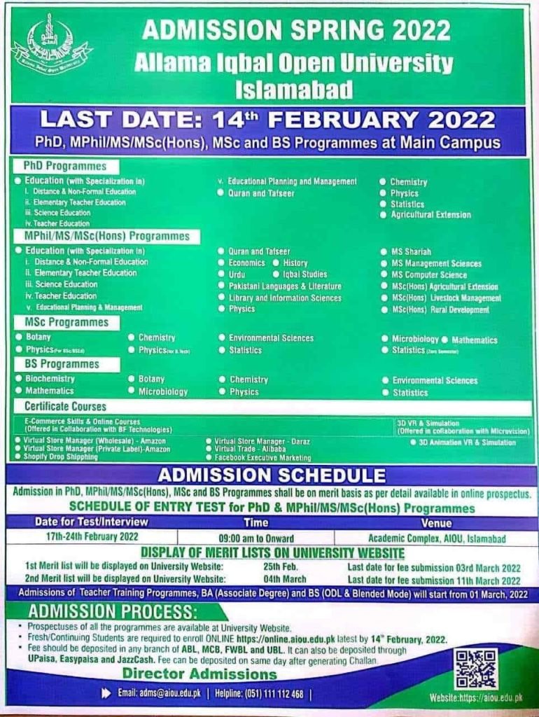 AIOU Spring 2022 Admission for Bachelors, Masters, & Ph.D. Programs