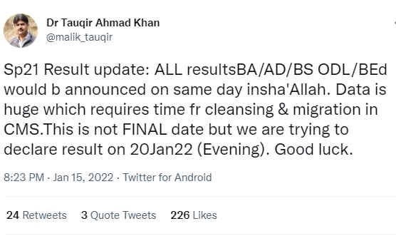 AIOU Expected to Declare BA/AD/BS ODL/B.Ed Result on 20th January 2022