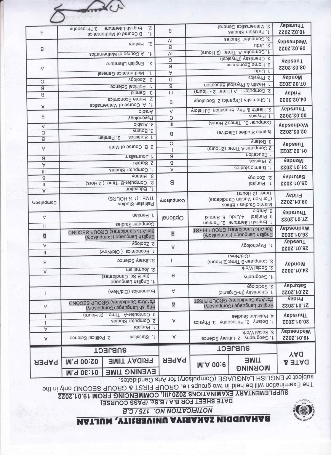 BZU Multan BA/BSc (Pass Course) Supplementary Exams Date Sheet BZU Multan BA/BSc (Pass Course) Supplementary Exams Date Sheet